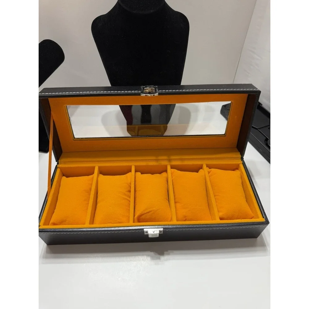 Watch Box, a 5 Slot Watch Case Organizer with Large Glass Lid, Removable Pillows